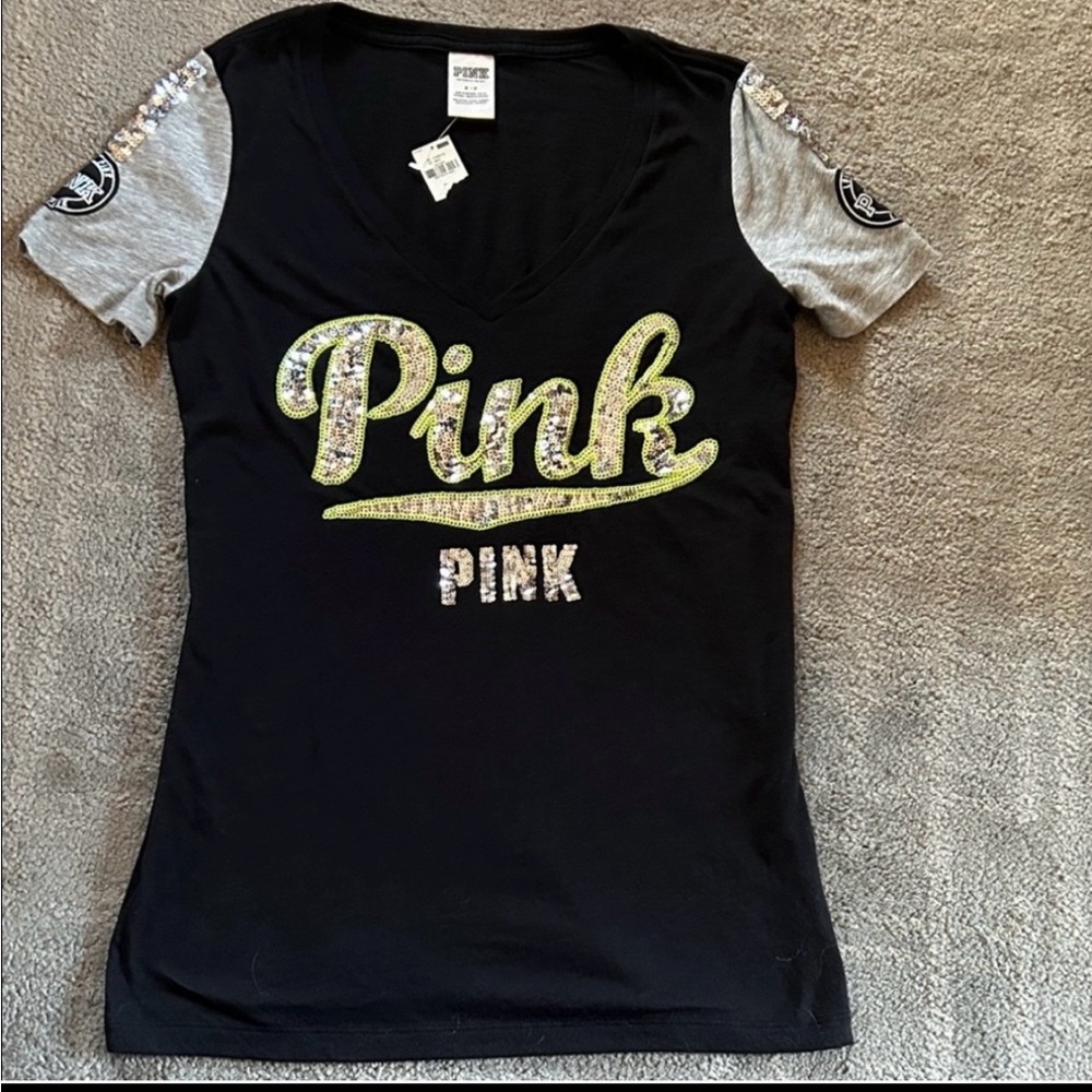 PINK Victoria's Secret Black V-Neck Tee with Gray Sleeves and Lime Sequin Logo